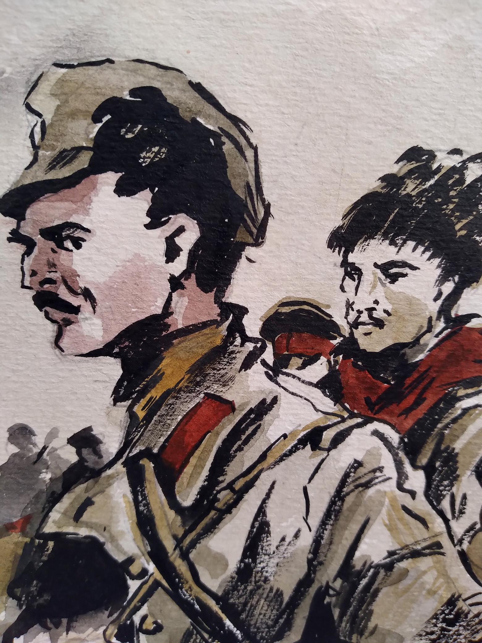 Social realism watercolor of two soldiers on road, beige cap and red scarf