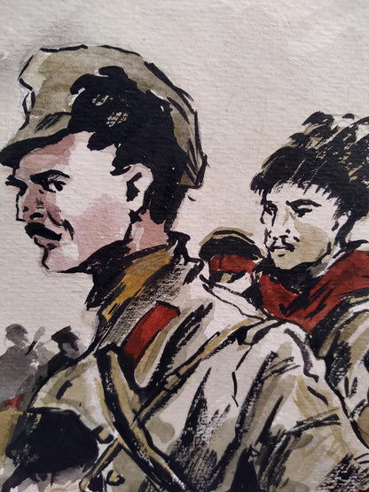 Social realism watercolor of two soldiers on road, beige cap and red scarf
