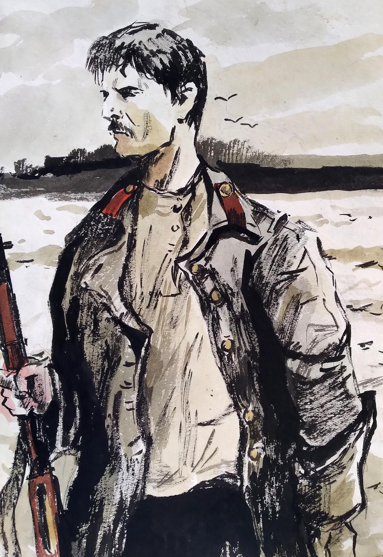 Social realism watercolor soldier portrait in military coat with red epaulets