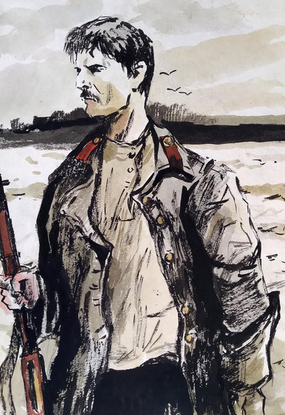 Social realism watercolor soldier portrait in military coat with red epaulets