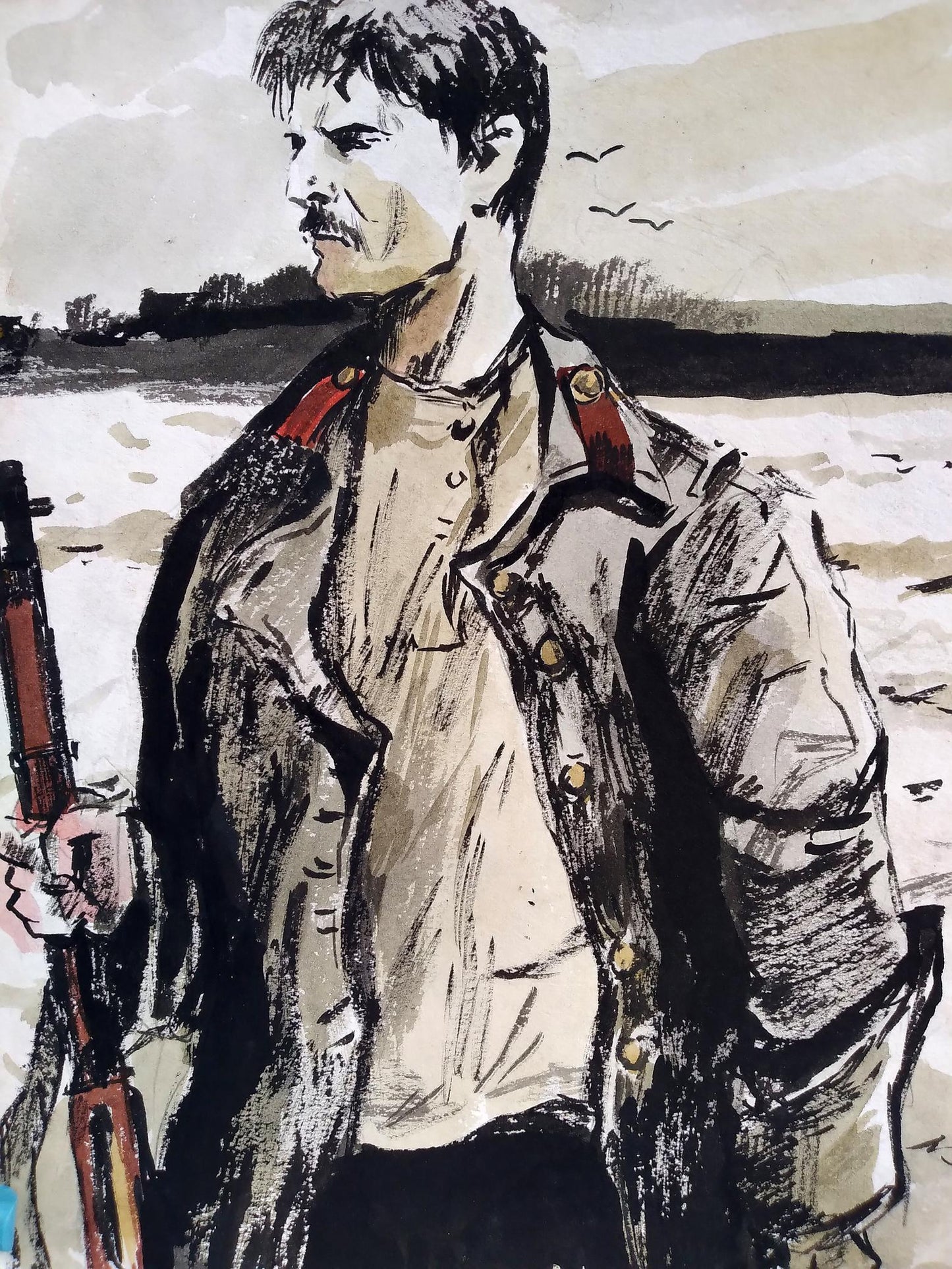 Social realism watercolor soldier portrait in military jacket with rifle
