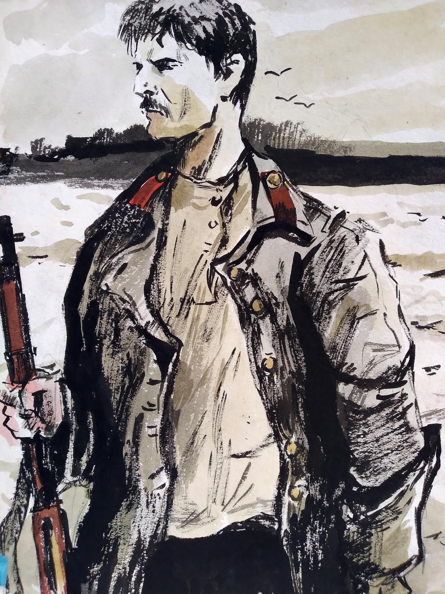 Social realism watercolor soldier portrait in military jacket with rifle