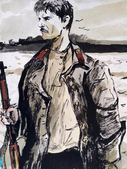 Social realism watercolor soldier portrait in military jacket with rifle