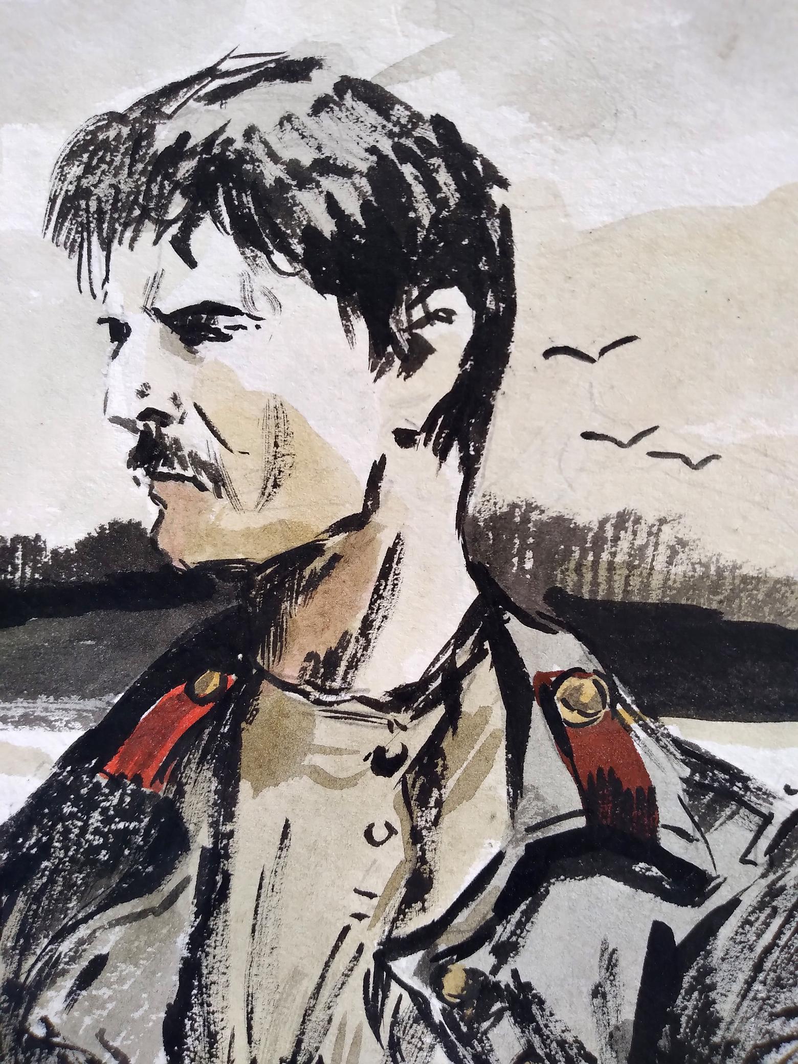 Social realism watercolor soldier portrait in military jacket with red epaulets