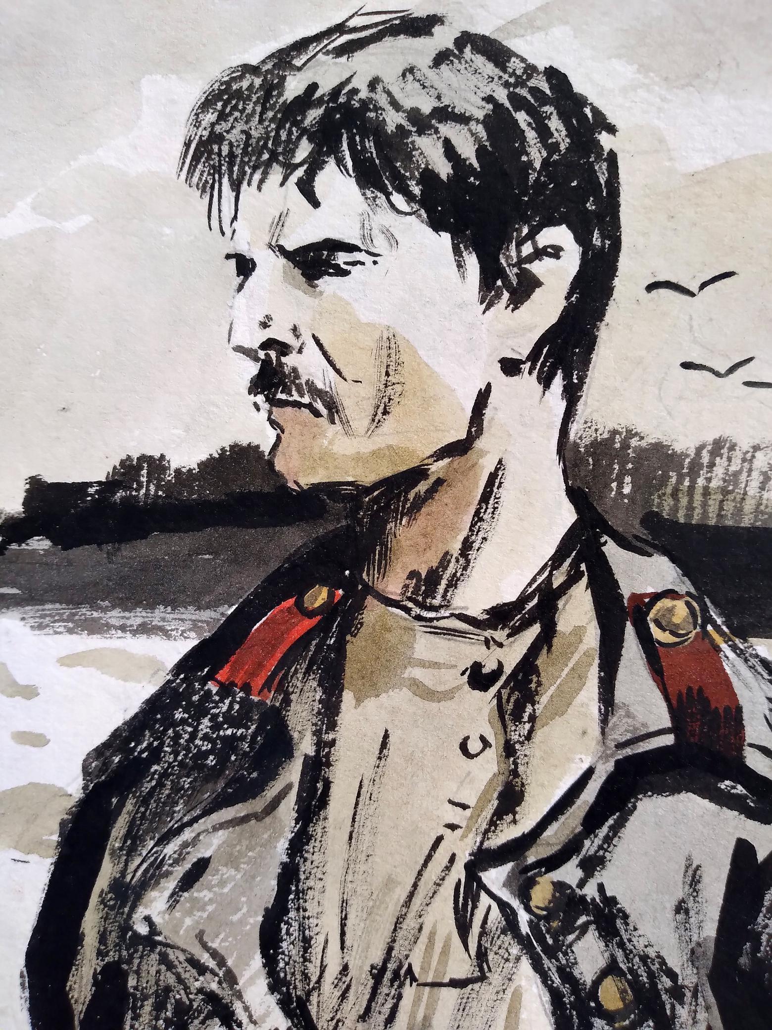 Social realism watercolor soldier portrait in military coat with red epaulets