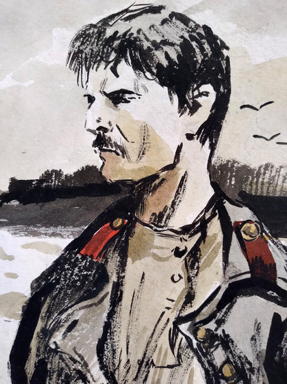 Social realism watercolor soldier portrait in military coat with red epaulets