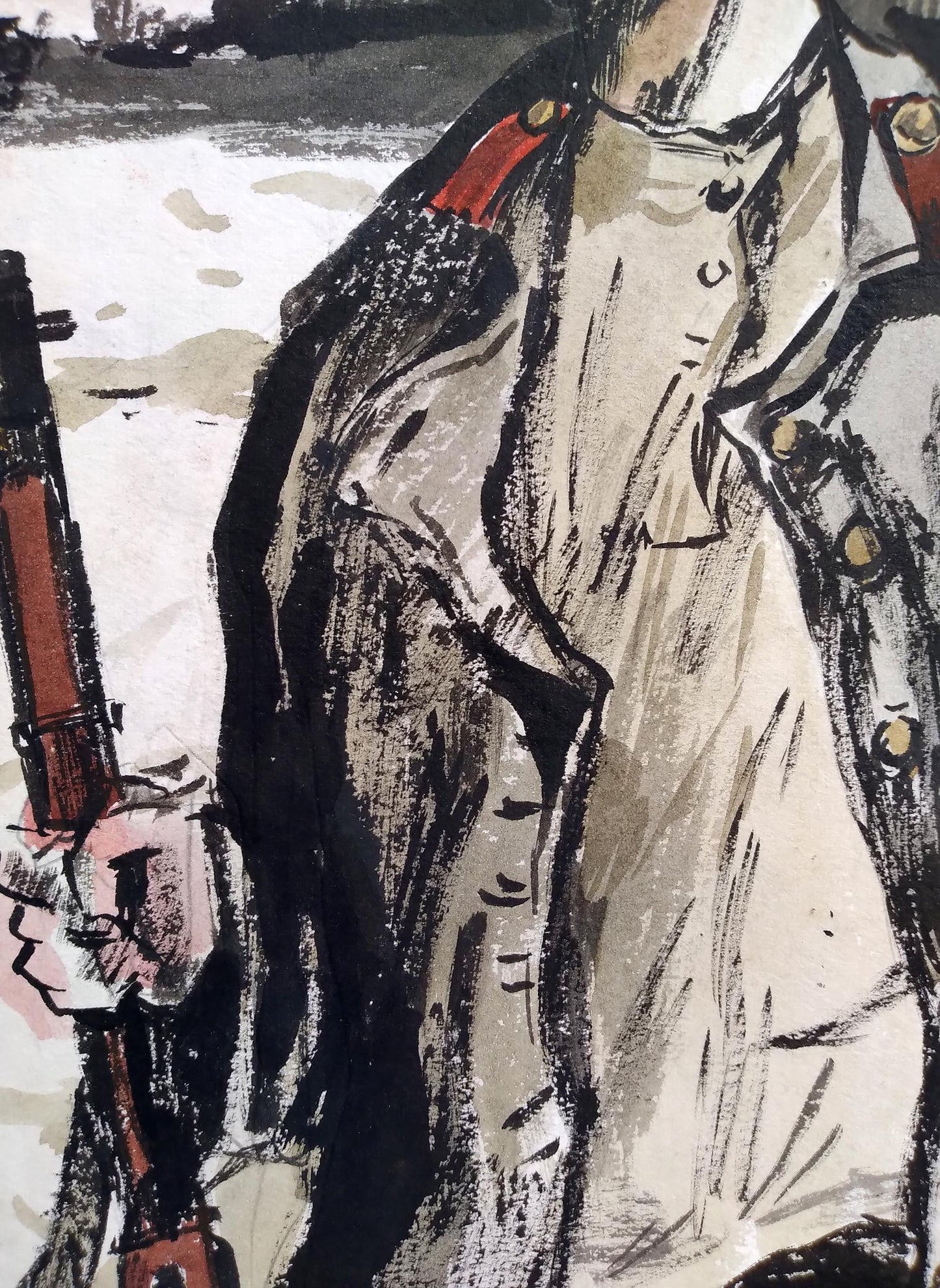 Social realism watercolor soldier portrait in ink wash style