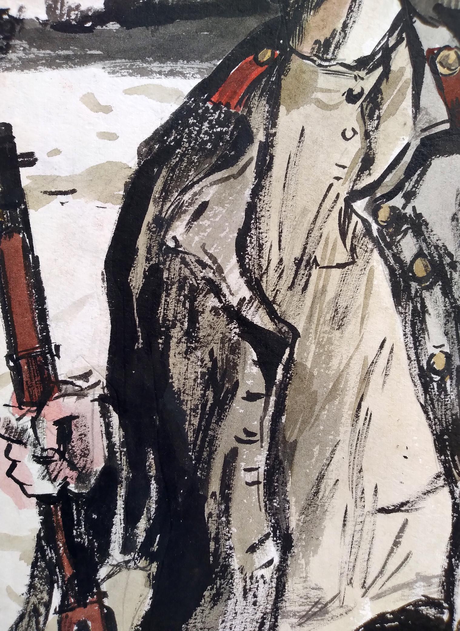 Social realism watercolor soldier portrait in ink wash style