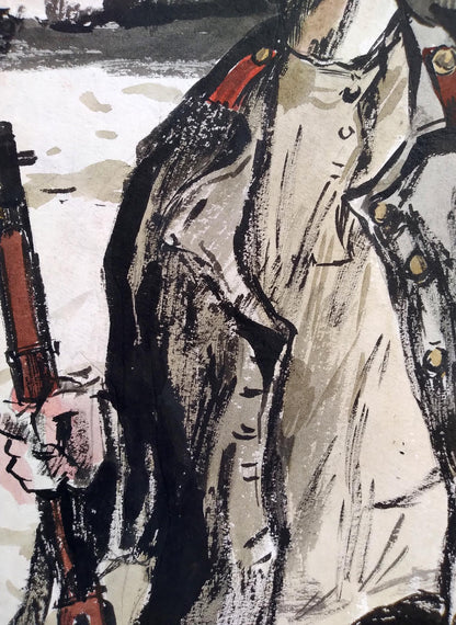 Social realism watercolor soldier portrait in ink wash style