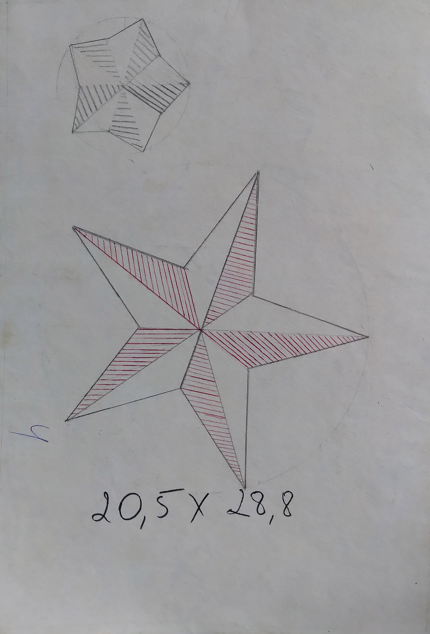 Hand-drawn shaded star in pencil and red ink on social realism soldier painting back
