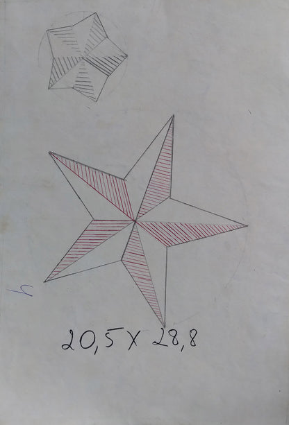 Hand-drawn shaded star in pencil and red ink on social realism soldier painting back