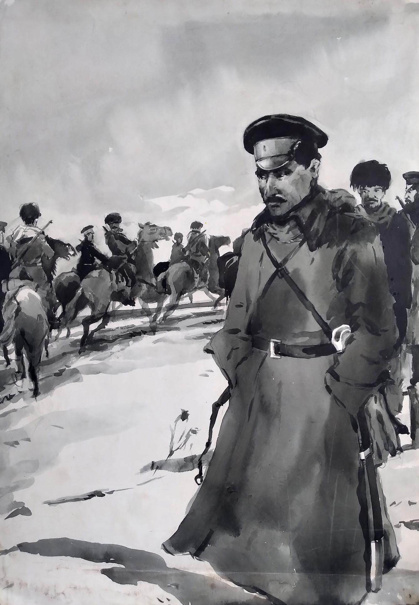 Black-and-white watercolor of officer with soldiers, social realism style