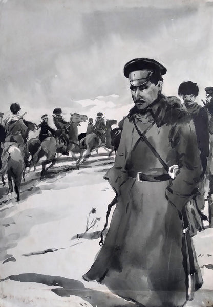 Black-and-white watercolor of officer with soldiers, social realism style