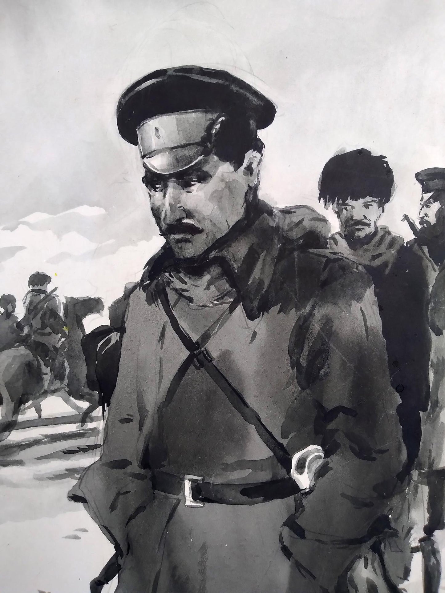Social realism ink wash of stern officer with soldiers