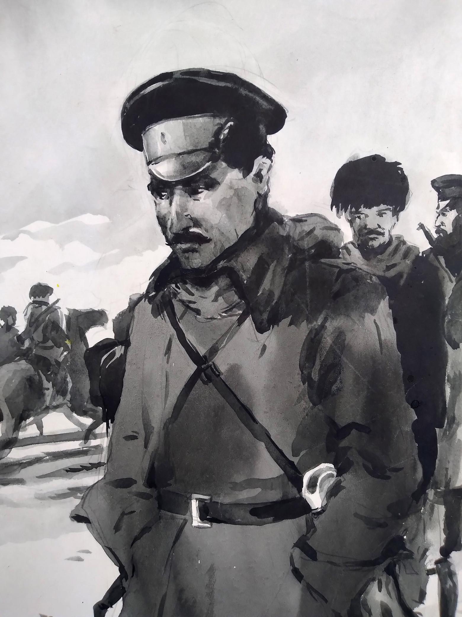 Social realism ink wash of stern officer with soldiers