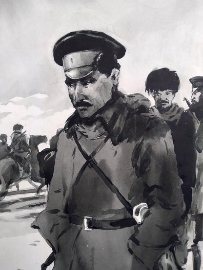 Social realism ink wash of stern officer with soldiers