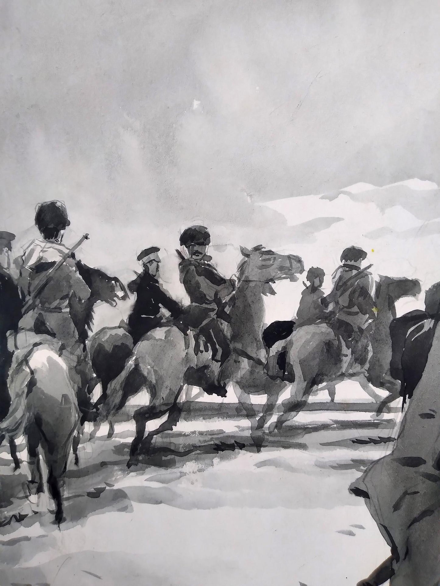 Monochromatic ink wash of mounted soldiers in motion by unknown artist