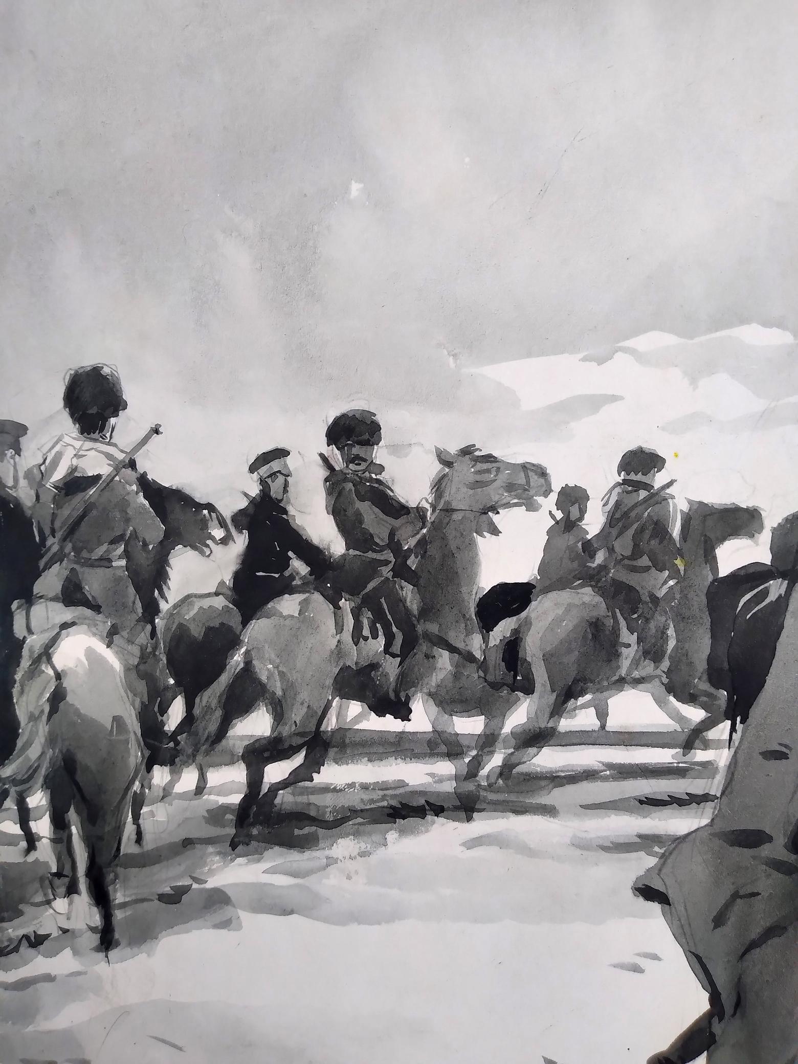 Monochromatic ink wash of mounted soldiers in motion by unknown artist