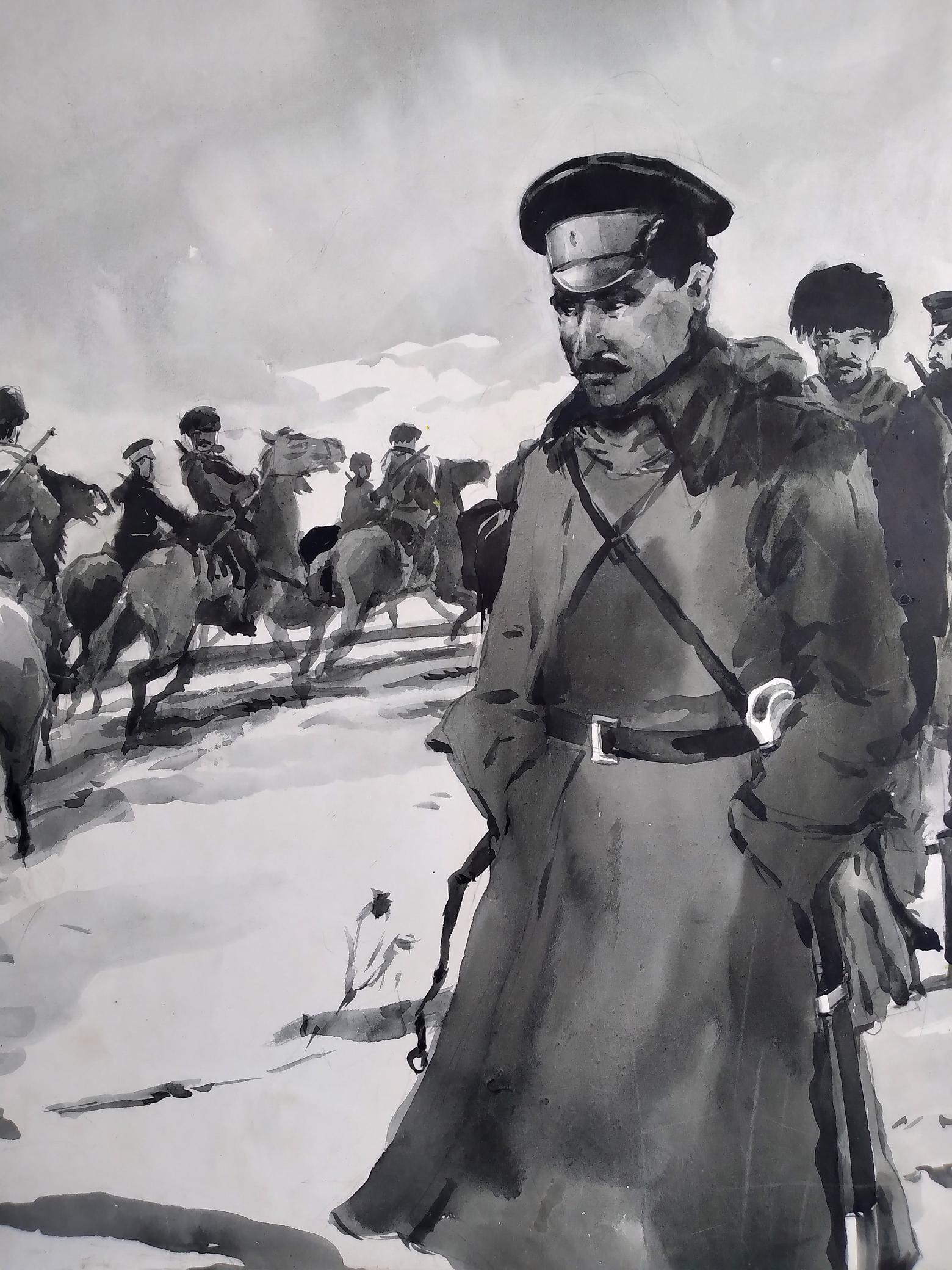 Social realism ink wash painting of officer with soldiers on horseback