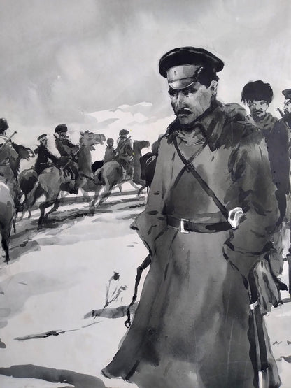 Social realism ink wash painting of officer with soldiers on horseback