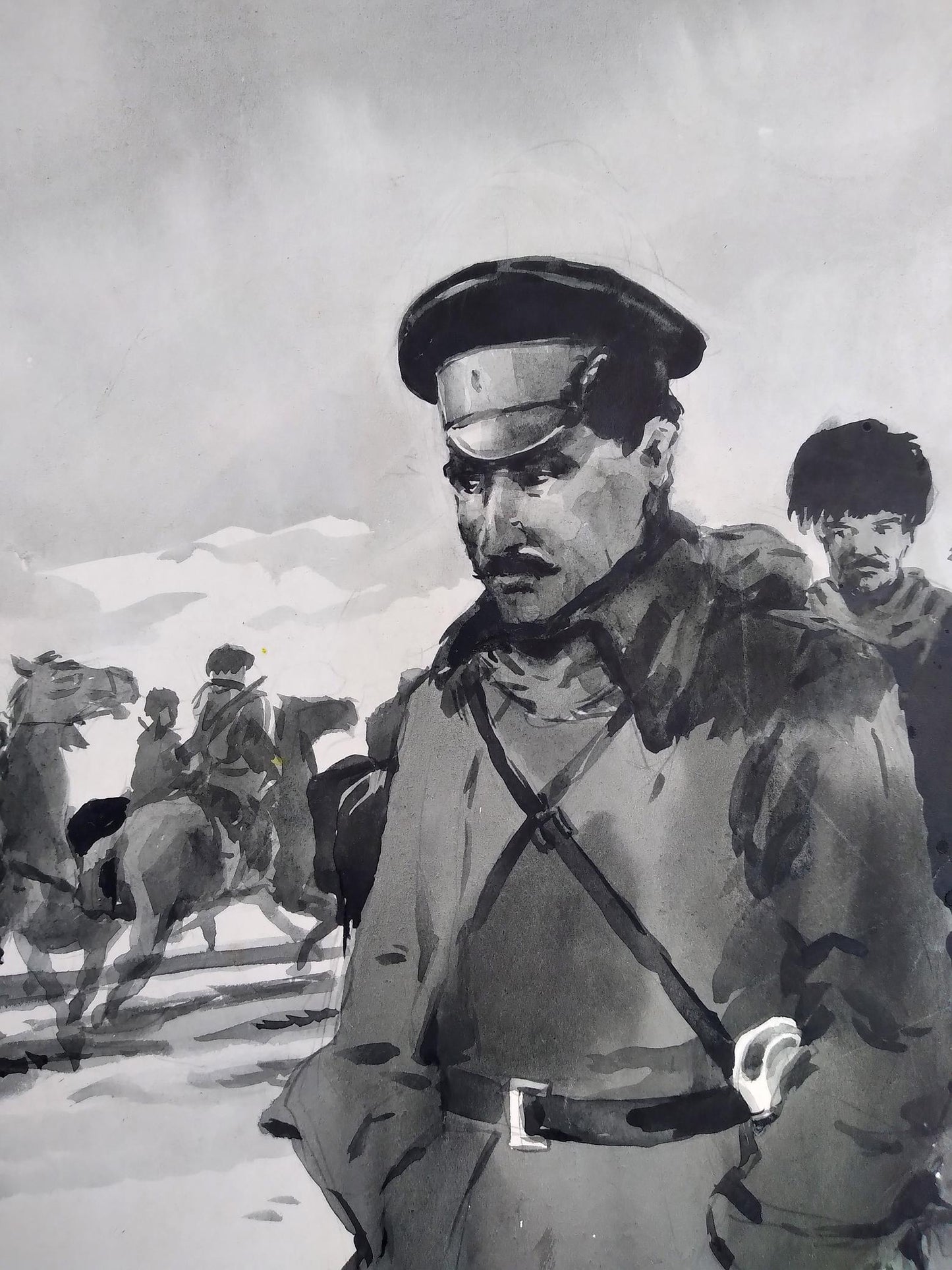 Black-and-white ink painting of stern officer with beret and soldiers on horseback