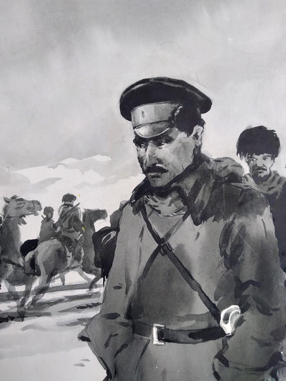 Black-and-white ink painting of stern officer with beret and soldiers on horseback