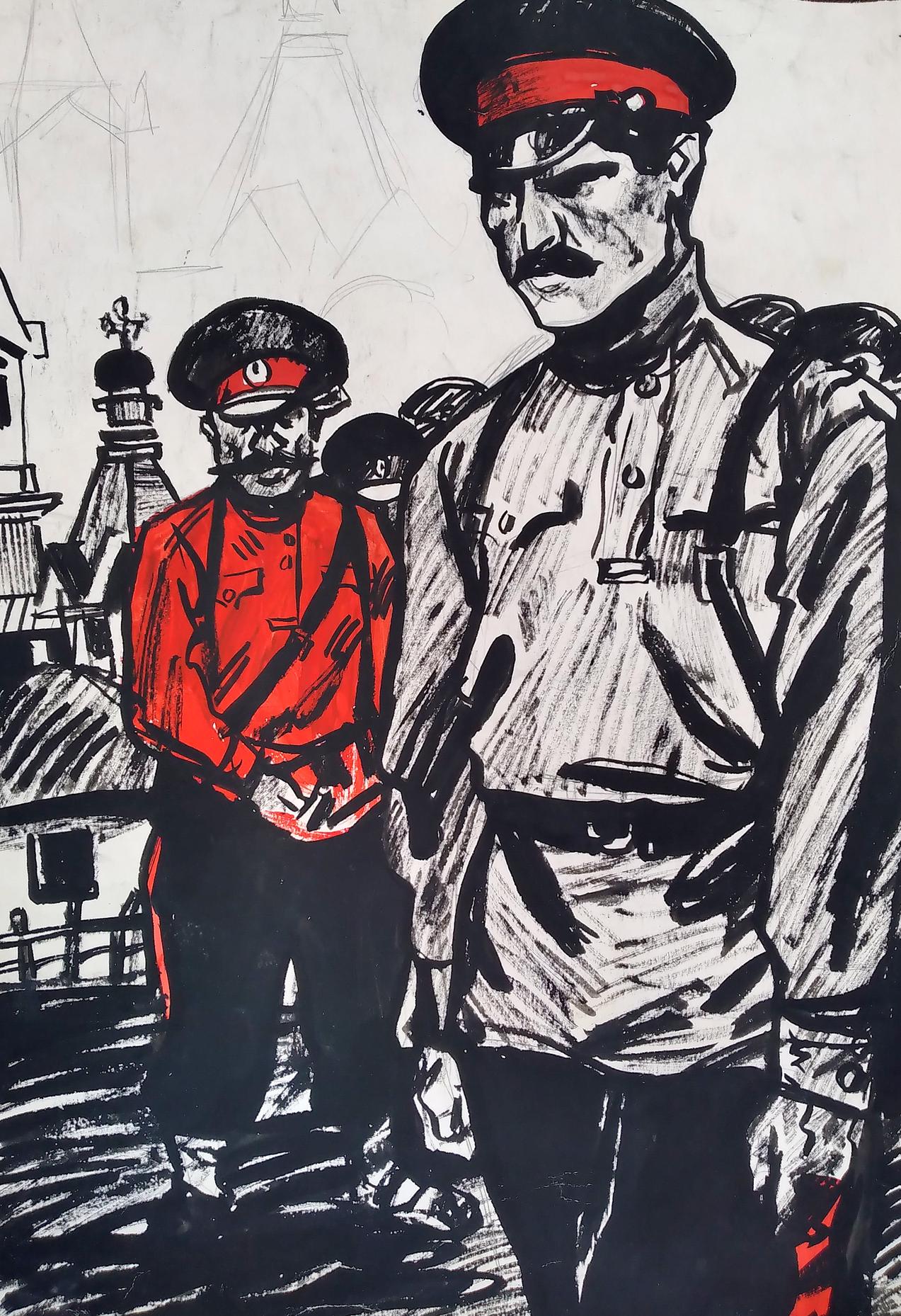 Social realism watercolor of Red Army soldiers in red tunic and gray uniform