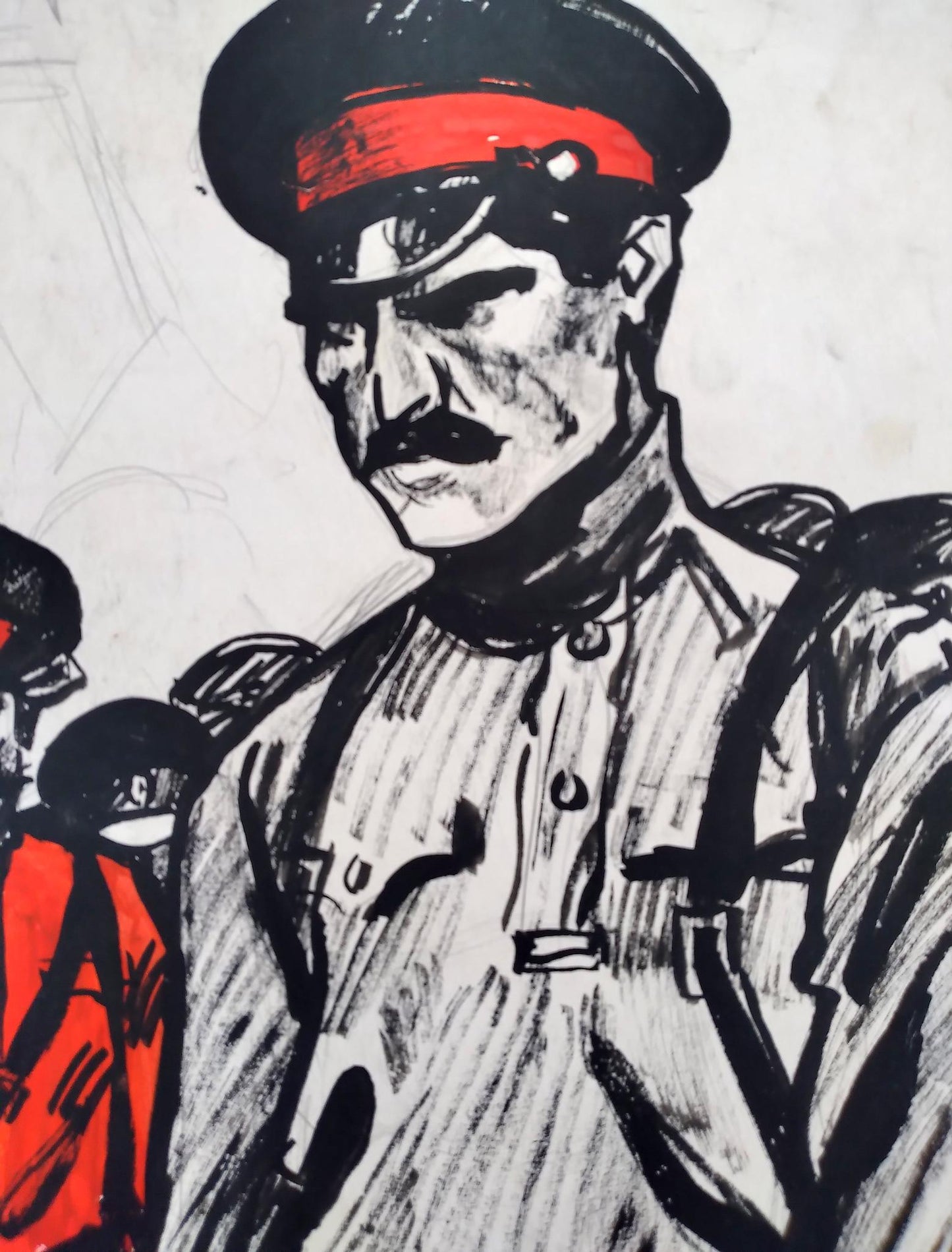 Stylized black-and-white Red Army soldier in uniform with red-trimmed cap