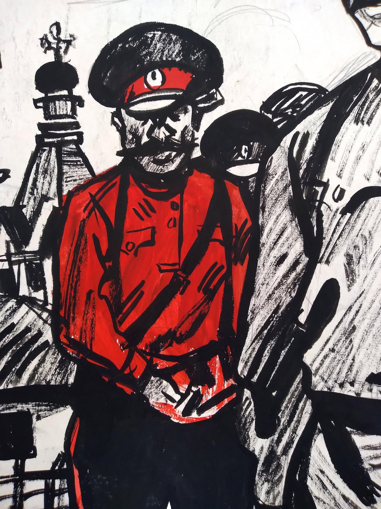 Social realism watercolor of bold red uniformed Red Army officer in black beret and mustache, charcoal strokes