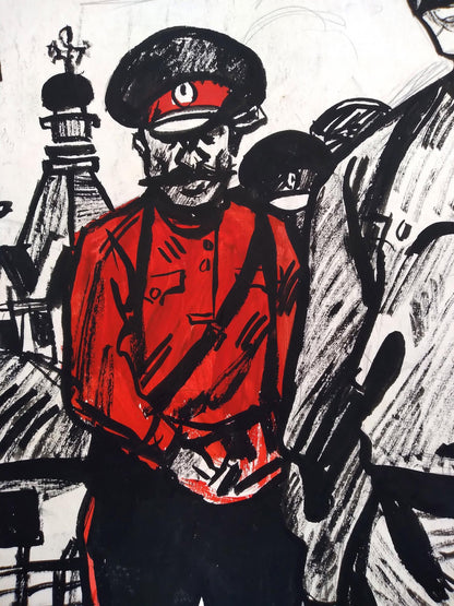 Social realism watercolor of bold red uniformed Red Army officer in black beret and mustache, charcoal strokes