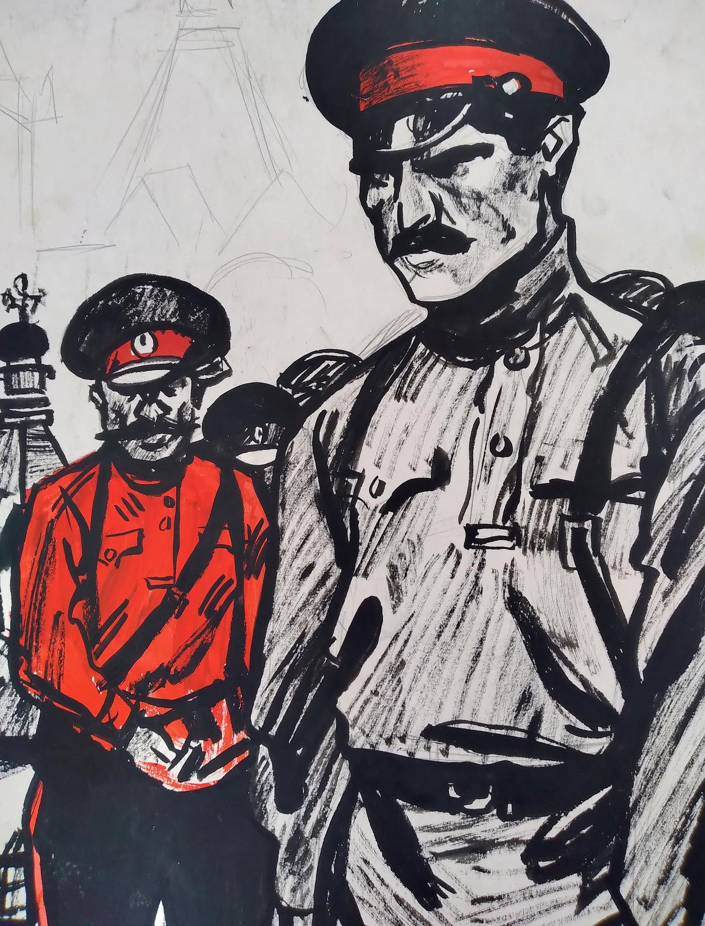 Black-and-red social realism watercolor of Red Army officers