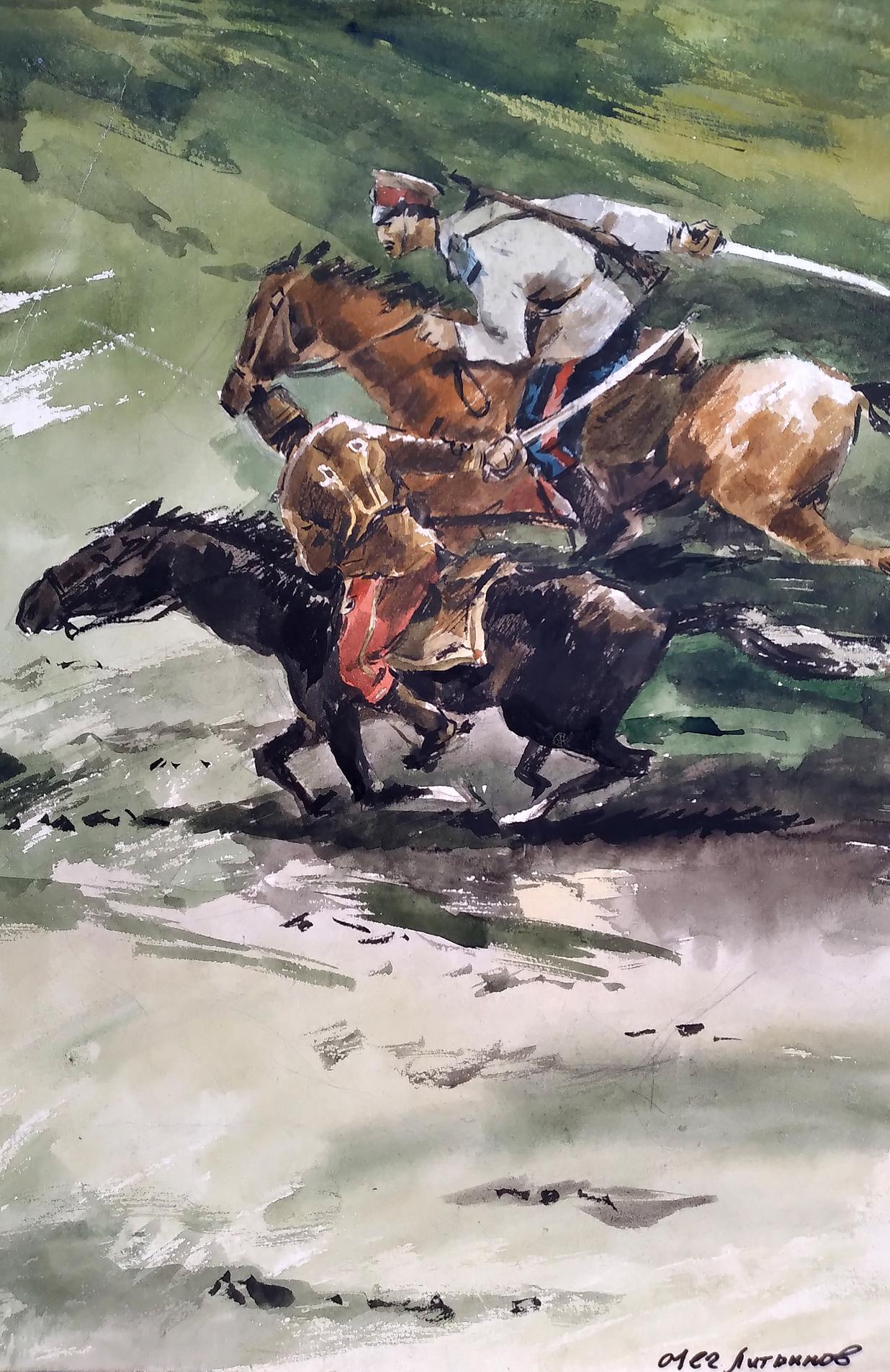 Social realism watercolor by Litvinov Oleg Arkad’yevich: two dynamic horseback riders
