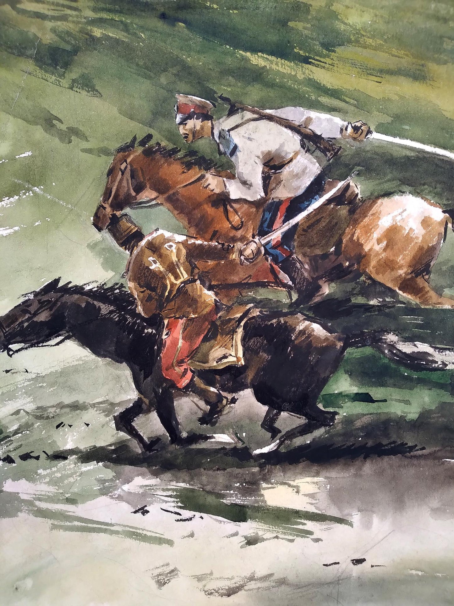 Social realism watercolor by Litvinov Oleg Arkad’yevich: two horsemen in motion