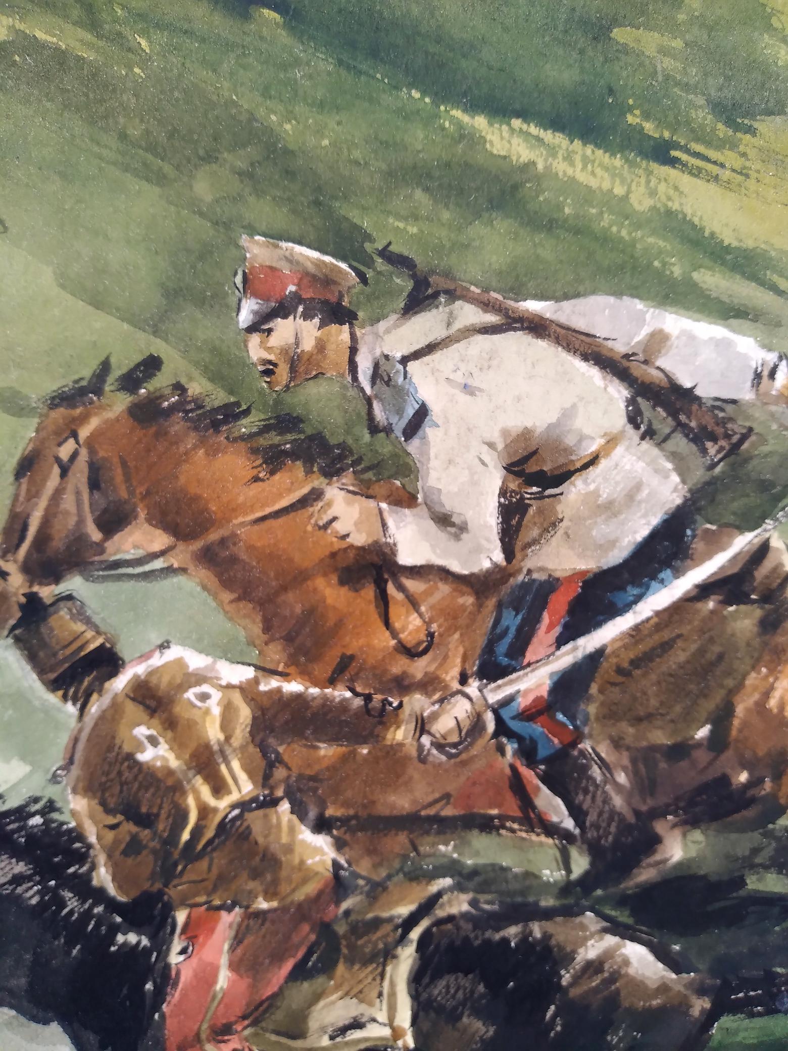 Watercolor painting by Litvinov Oleg Arkad’yevich of mounted soldier on brown horse