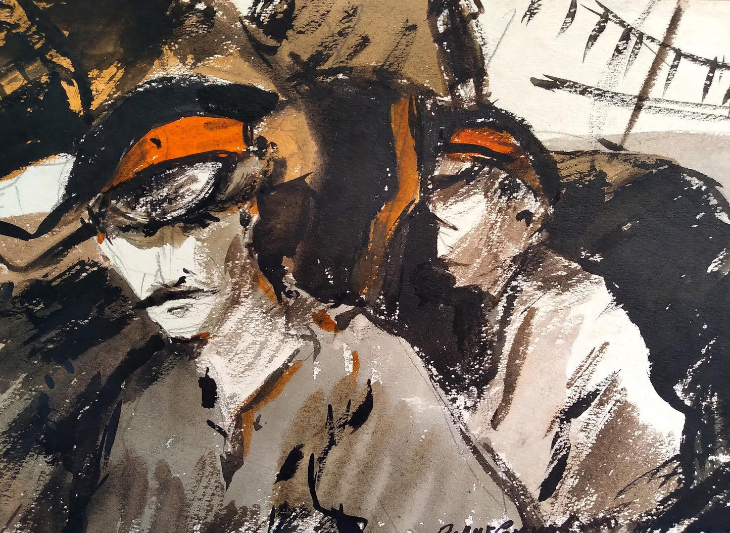 Social realism watercolor by Litvinov Oleg Arkad’yevich: two officers
