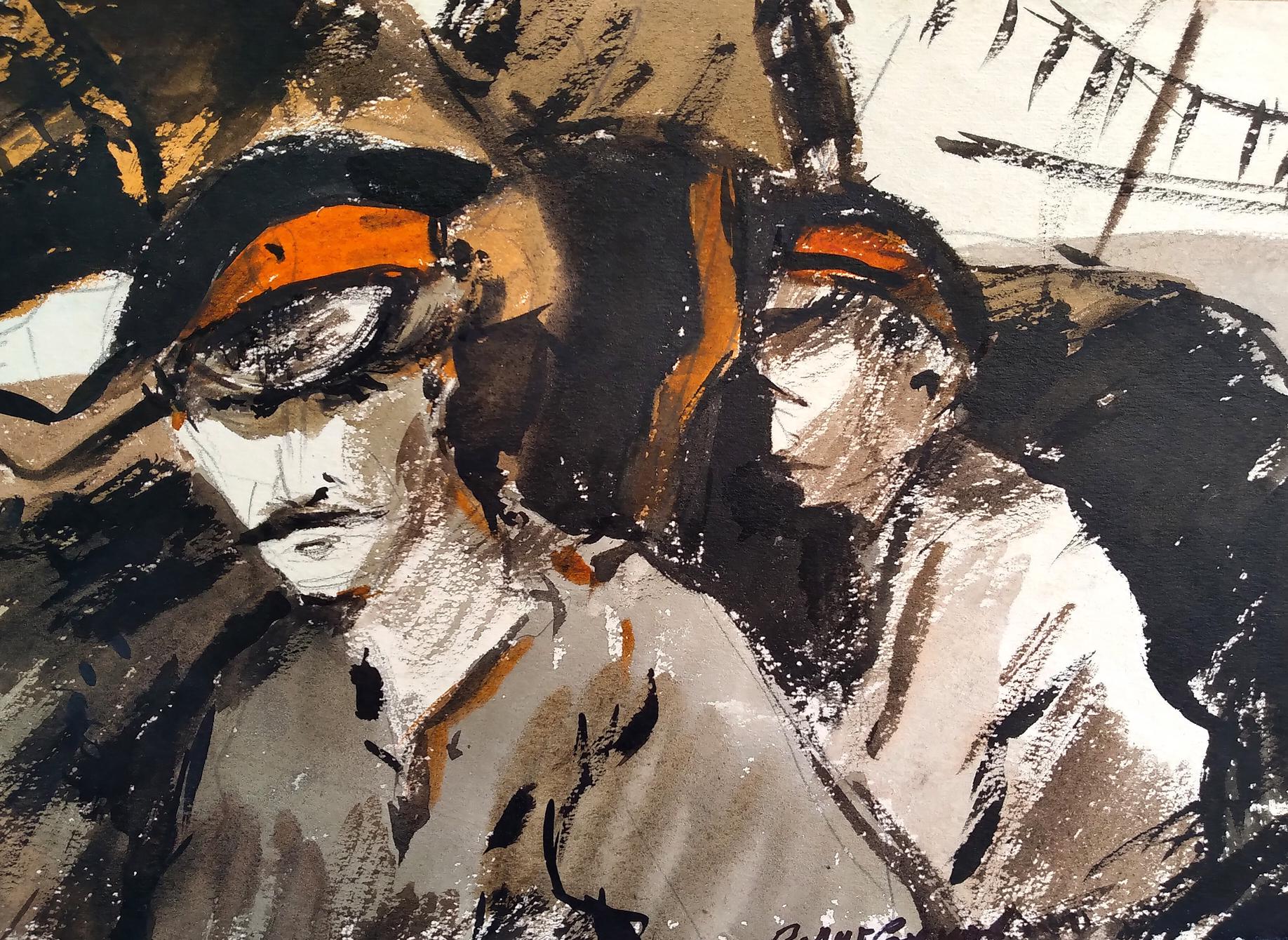 Social realism watercolor by Litvinov Oleg Arkad’yevich: two officers