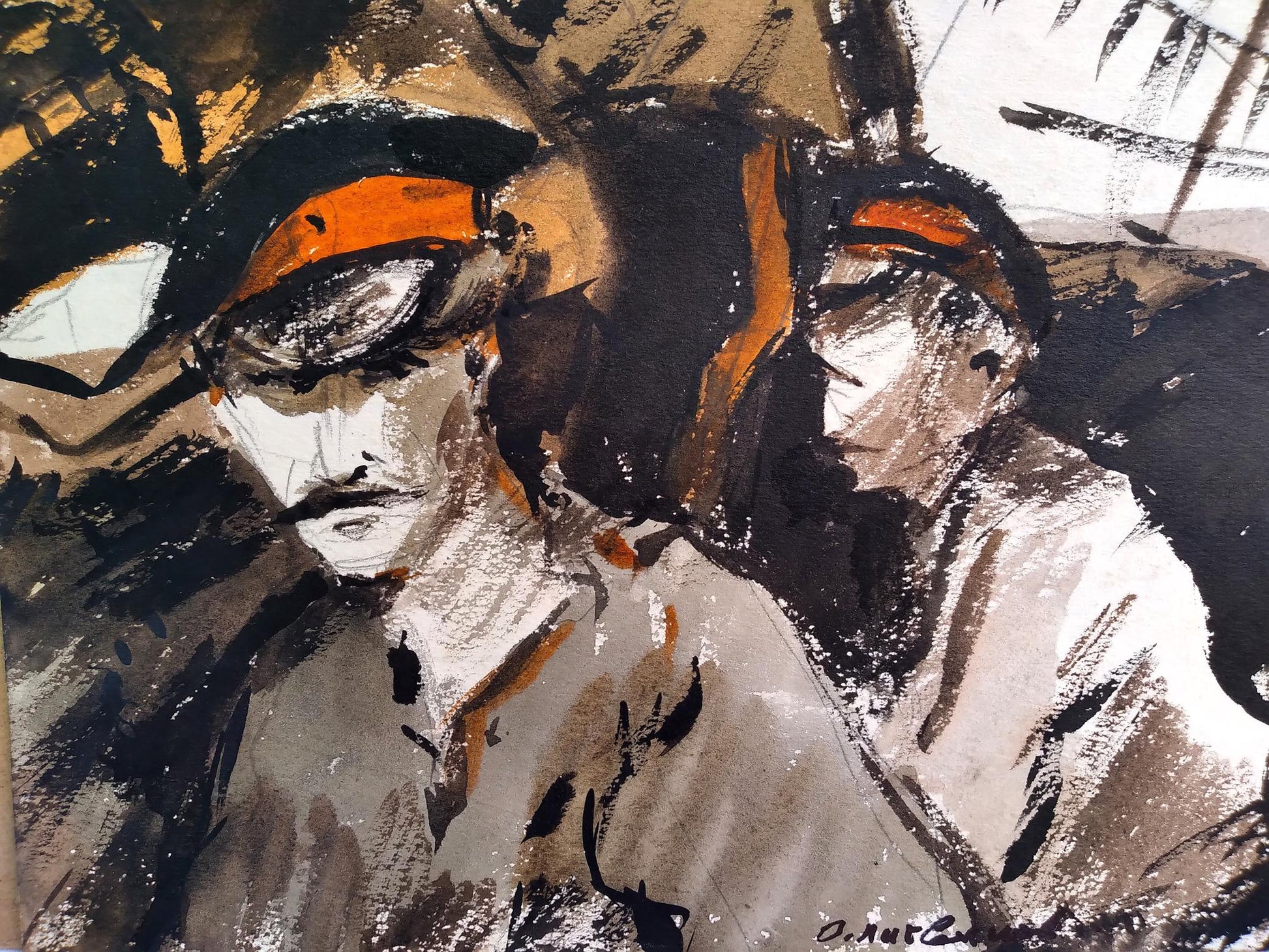 Social realism watercolor by Litvinov Oleg Arkad’yevich, two officers