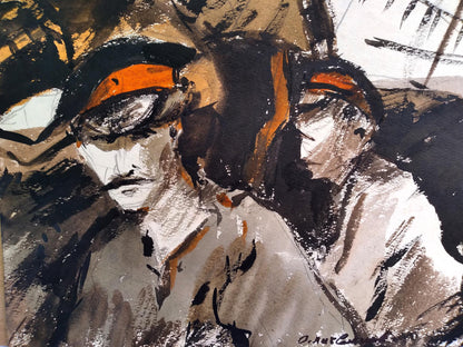 Social realism watercolor by Litvinov Oleg Arkad’yevich, two officers