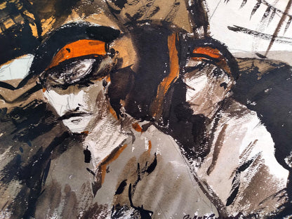 Social realism watercolor by Litvinov Oleg Arkad’yevich, two officers