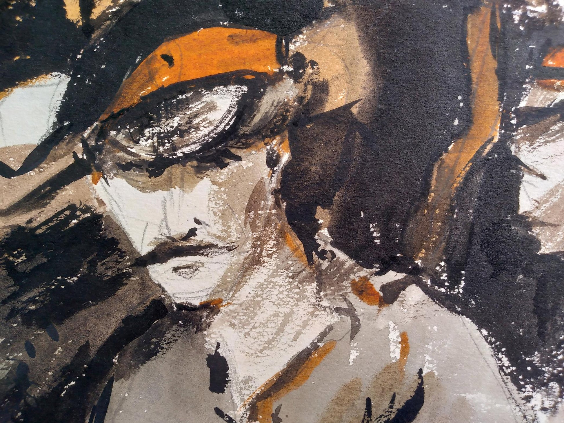 Social realism watercolor by Litvinov Oleg Arkad’yevich: bold man with orange headband