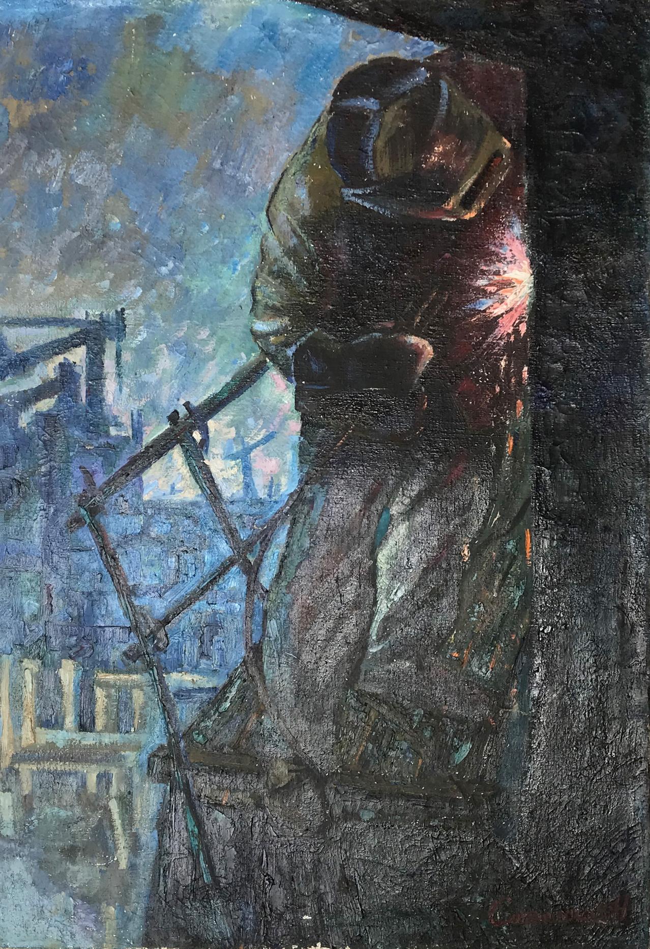 Social realism oil painting At the factory by Savenkov Nikolay Ivanovich, welder with sparks