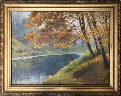 Oil painting of autumn river by Gerashchenko Volodymyr Fedorovich in gold frame