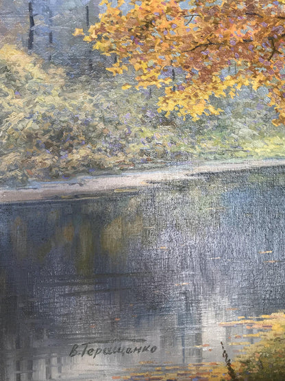 Oil painting by Gerashchenko Volodymyr Fedorovich: autumn tree reflected in waterway