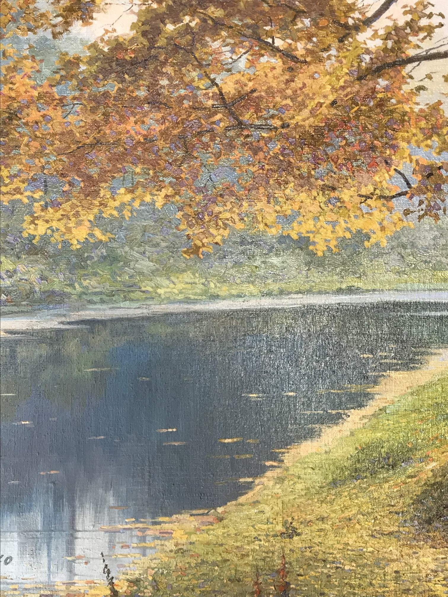Oil painting by Gerashchenko Volodymyr Fedorovich of autumnal tree branches with golden leaves over calm lake