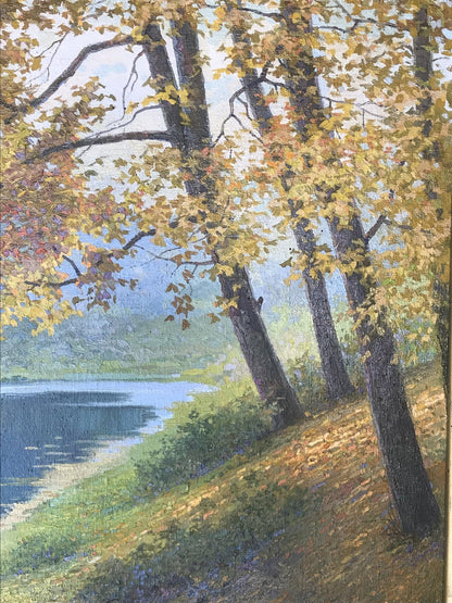 Oil painting by Gerashchenko Volodymyr Fedorovich: autumn trees, blue lake