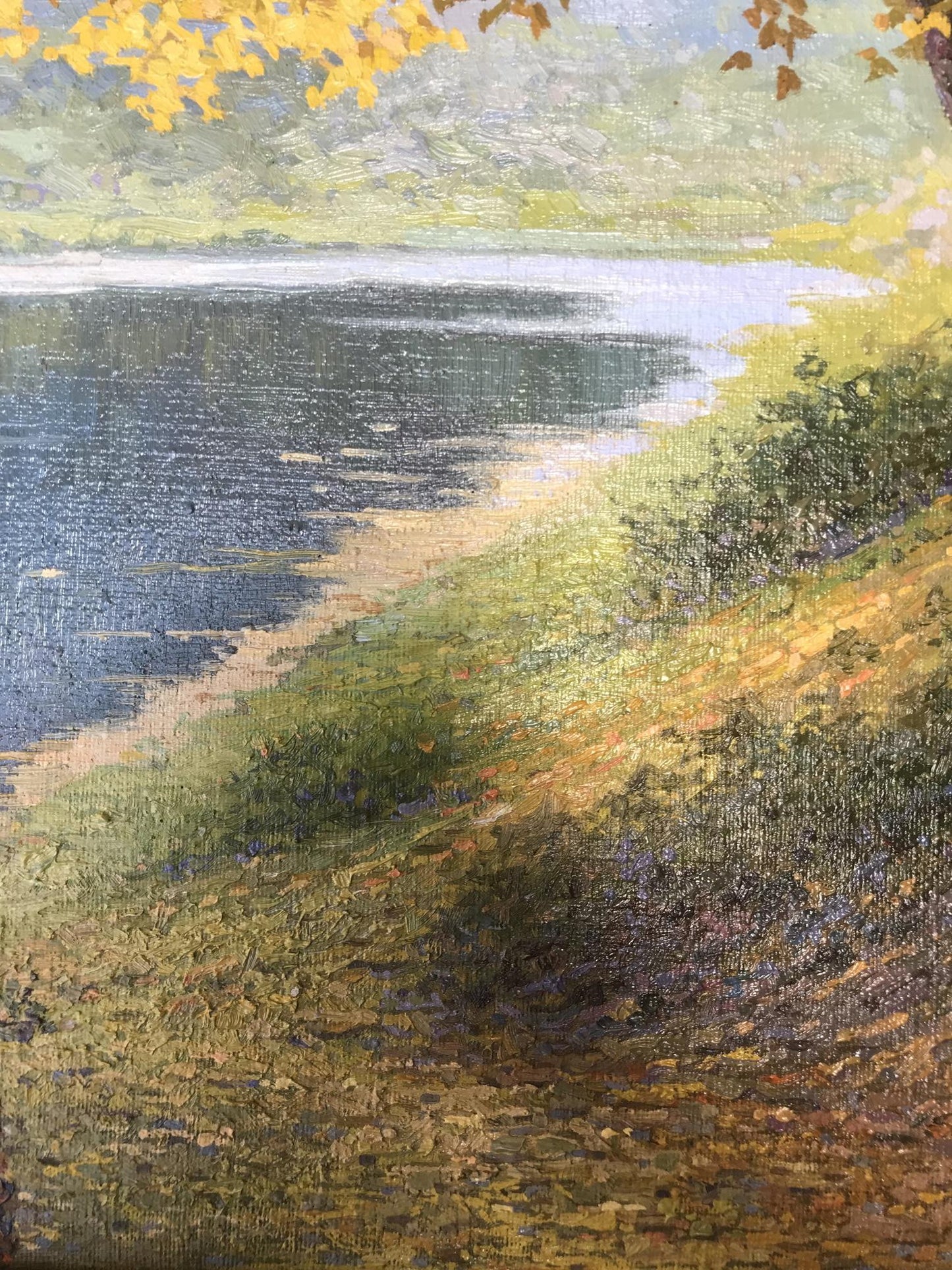 Oil painting of serene lakeside autumn scene by Gerashchenko Volodymyr Fedorovich