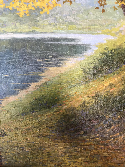 Oil painting of serene lakeside autumn scene by Gerashchenko Volodymyr Fedorovich