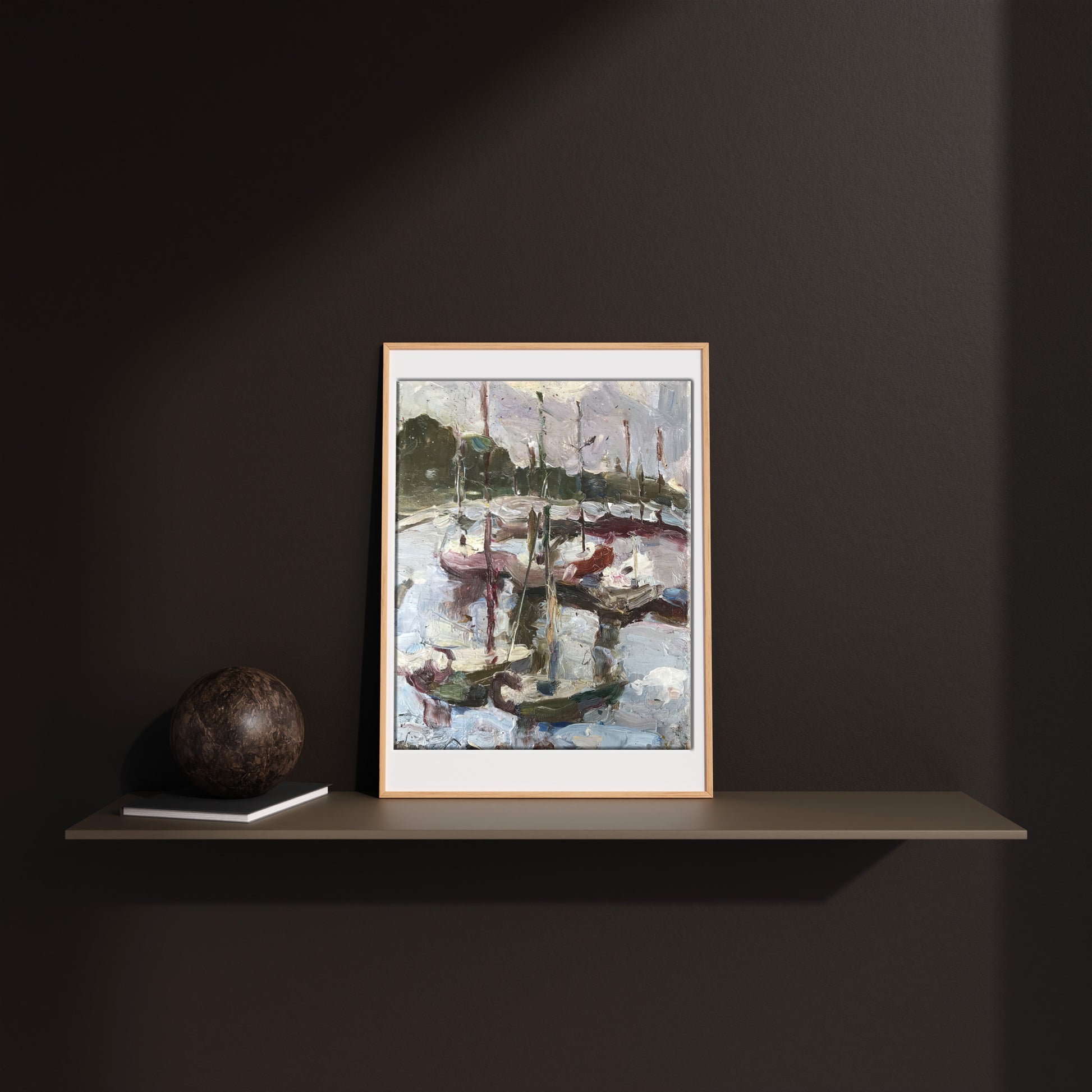 Framed oil painting Yacht Club by Tsyganok I.O. with harbor boats
