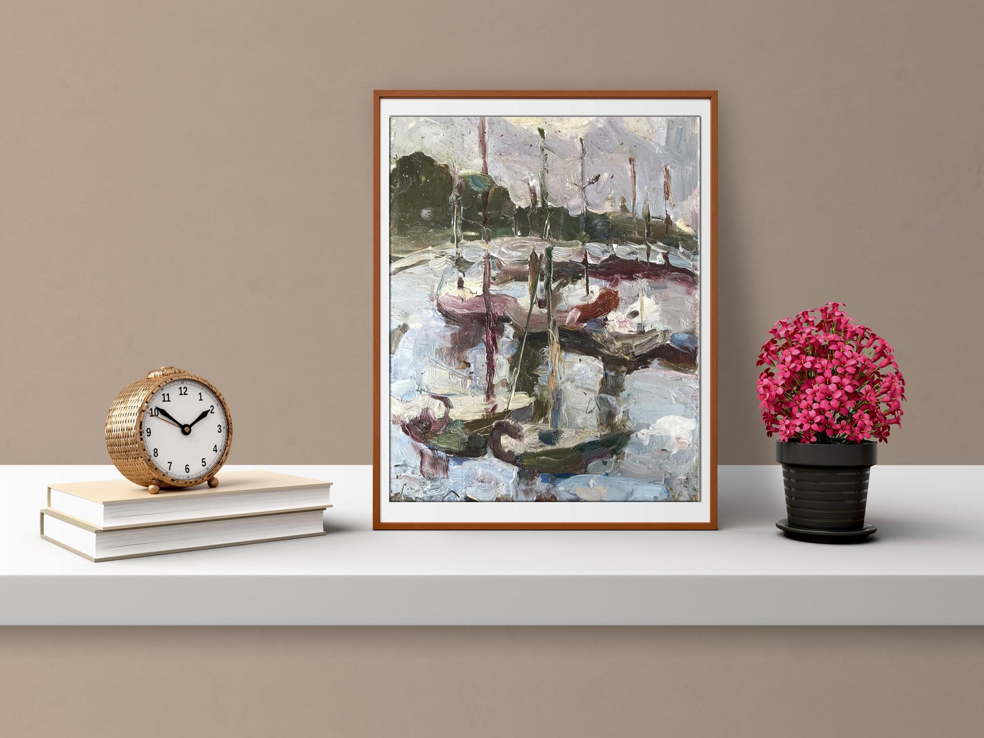Framed Oil painting Yacht club Tsyganok I.O. abstract harbor boats