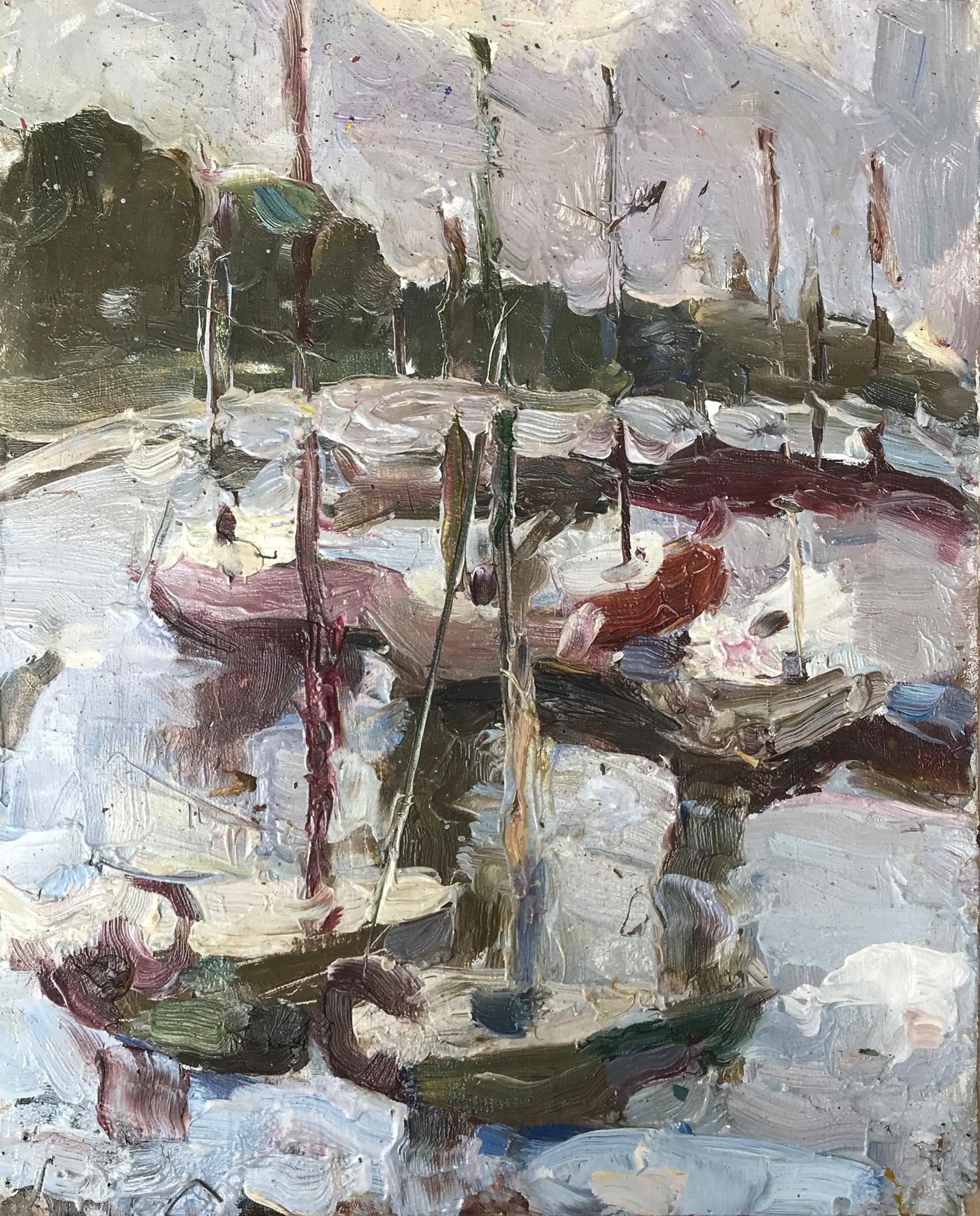 Impressionistic oil painting Oil painting Yacht club Tsyganok I. O. boats in harbor